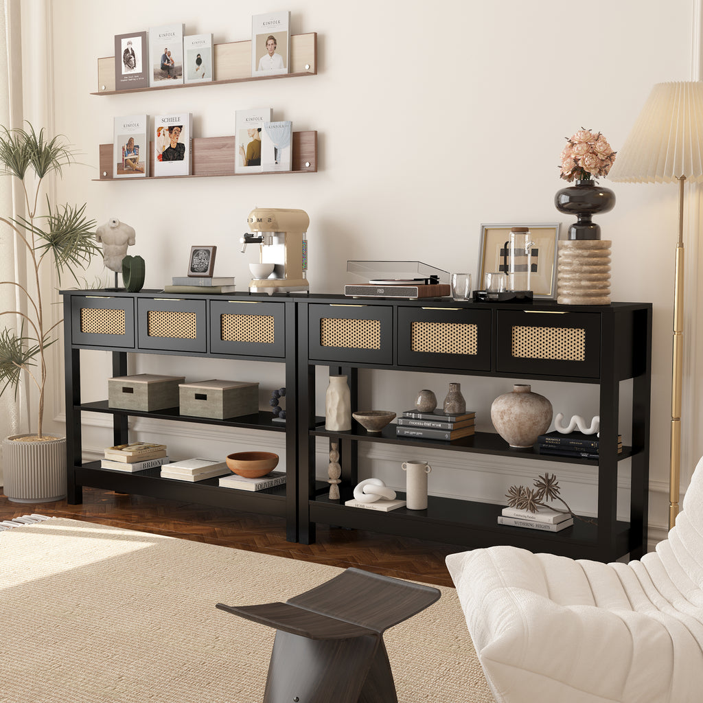 Pair of 43.3' farmhouse console tables in modern living space, offering extended storage with rattan drawers and open shelving.