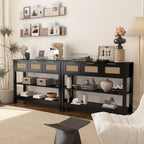 Pair of 43.3' farmhouse console tables in modern living space, offering extended storage with rattan drawers and open shelving.