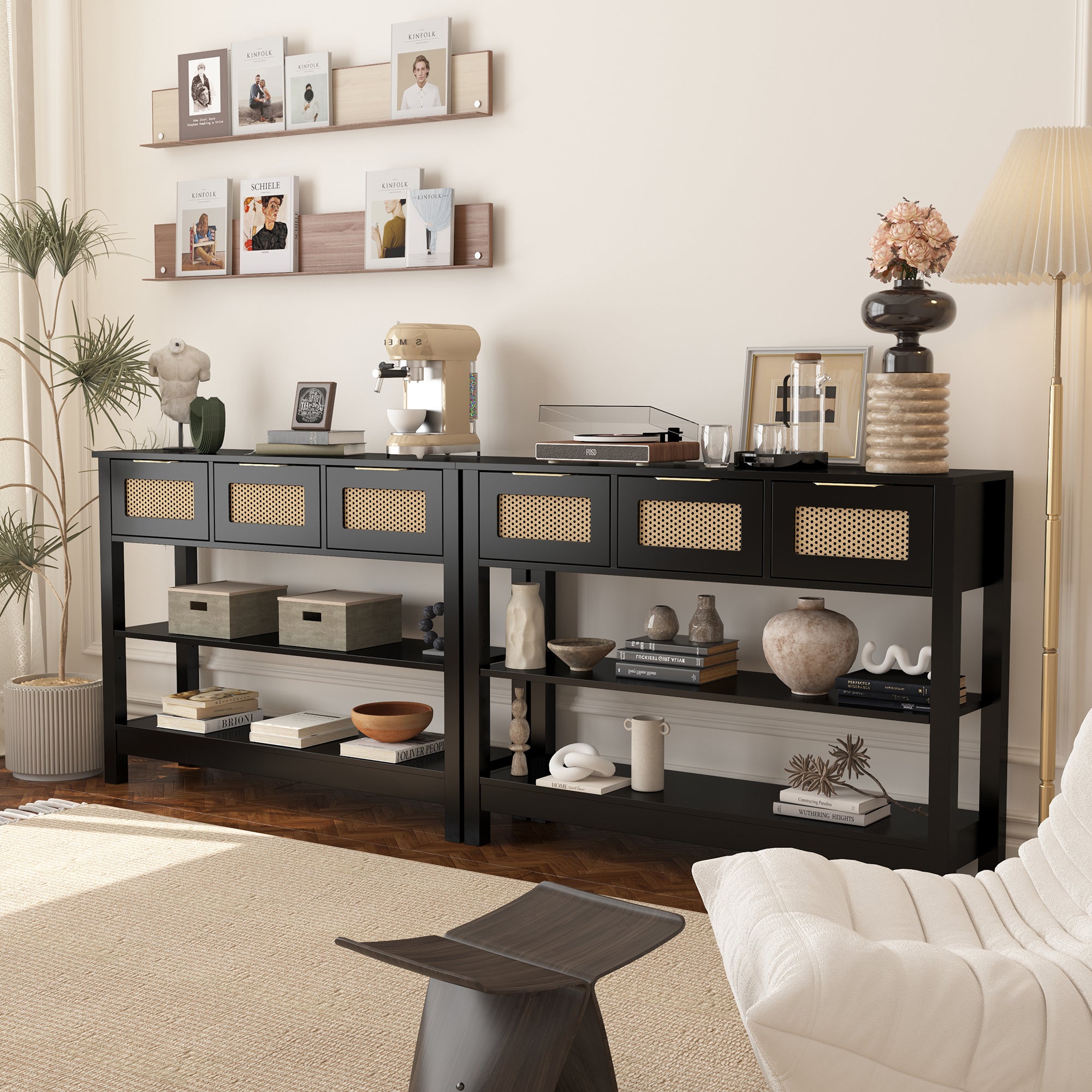 Pair of 43.3' farmhouse console tables in modern living space, offering extended storage with rattan drawers and open shelving.