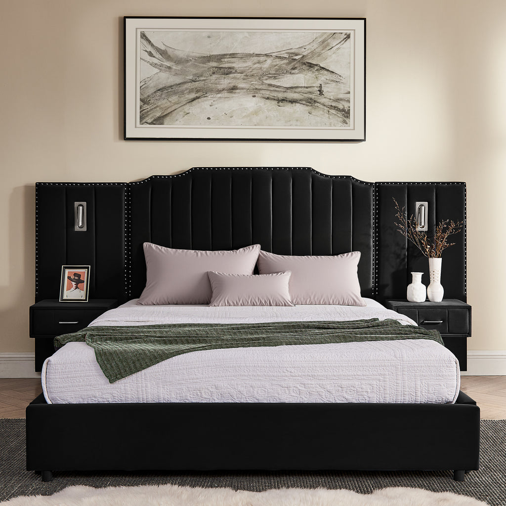 Queen velvet bed frame with studded headboard and built-in bedside tables, combining comfort and modern design without a box spring.