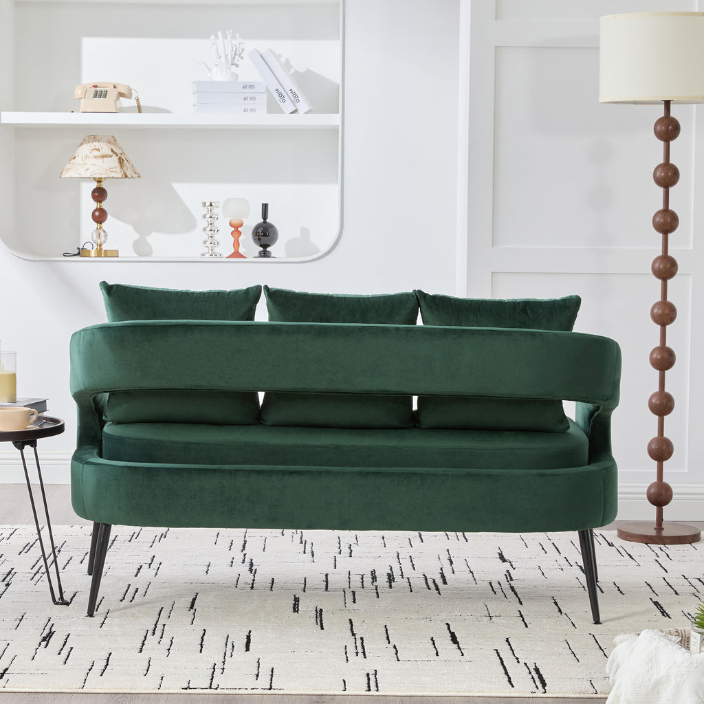 Modern Upholstered Velvet Loveseat Settee with Pillows, Comfy 2-Seater Mini Sofa for Small Spaces, Metal Legs, Green