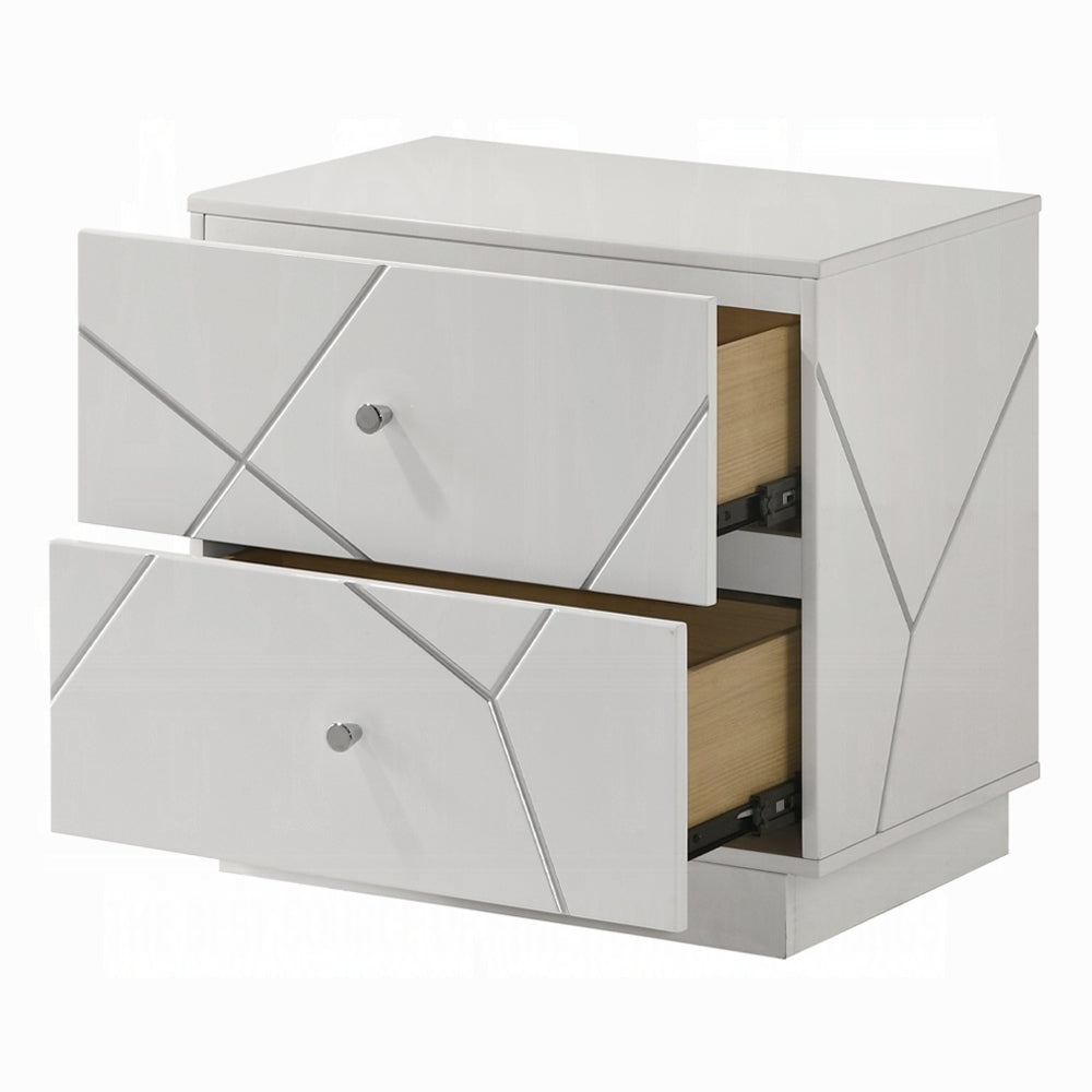 Modern White Nightstand with both drawers open, revealing spacious storage and metal glide drawer mechanisms.