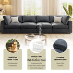 Modular sofa with solid pine frame, pocket coils, and chenille fabric, offering durable support and cloud-like comfort.