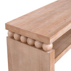 Close-up of decorative bead detail on rustic console table, emphasizing craftsmanship and modern farmhouse style.