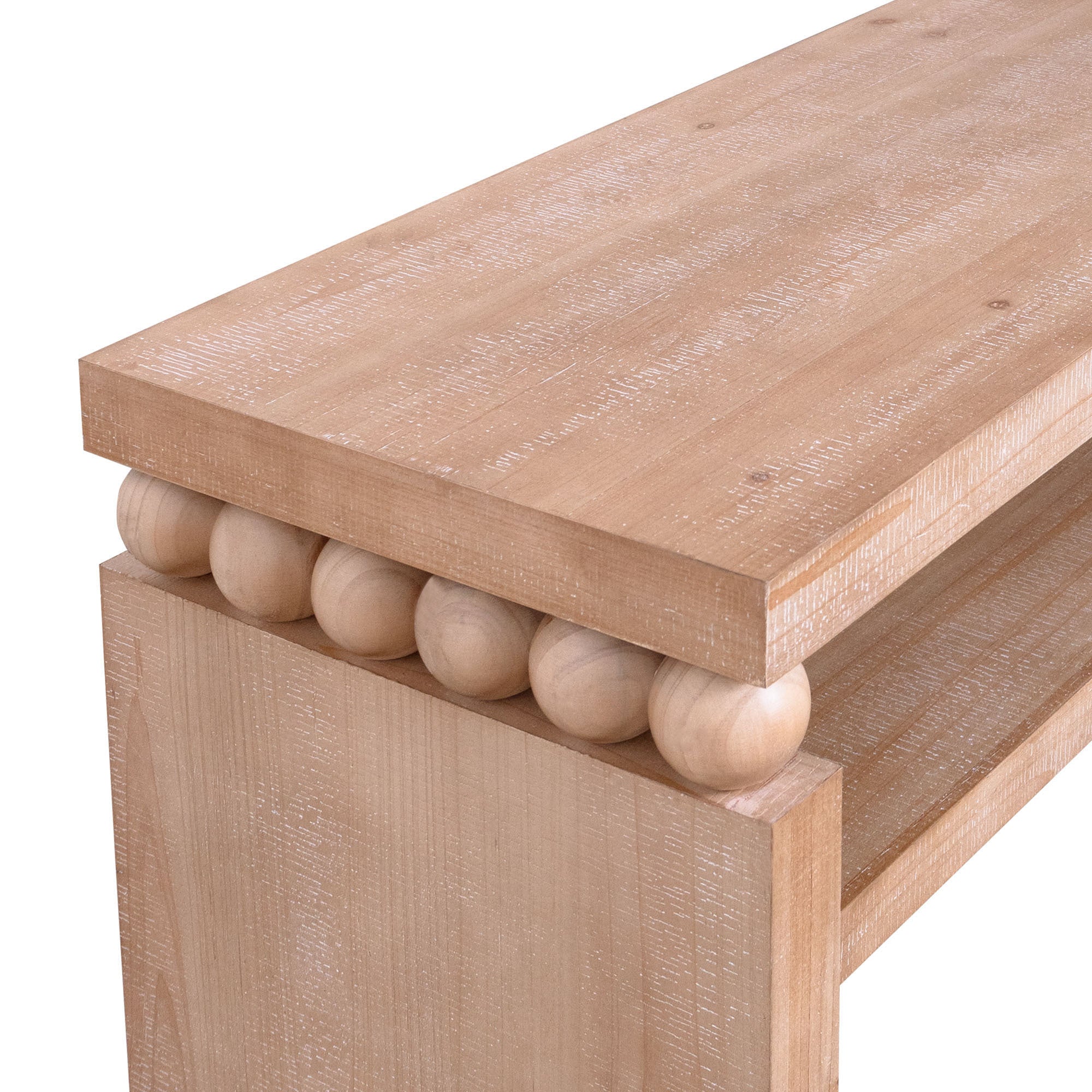 Close-up of decorative bead detail on rustic console table, emphasizing craftsmanship and modern farmhouse style.
