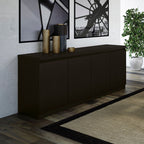 Black 62" sideboard styled in a modern dining room with decor accents. Perfect for dining room or entryway storage and display.