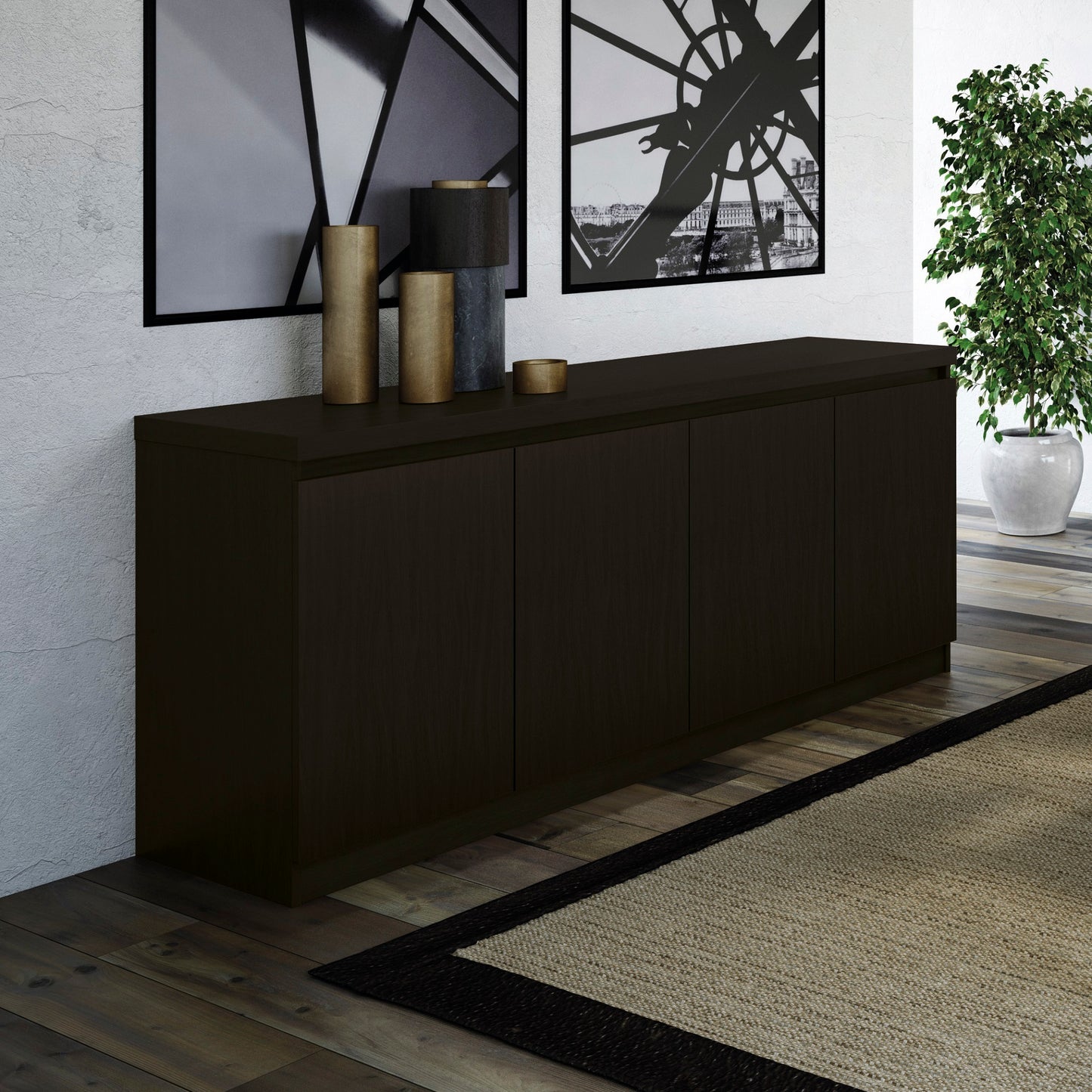 Black 62" sideboard styled in a modern dining room with decor accents. Perfect for dining room or entryway storage and display.