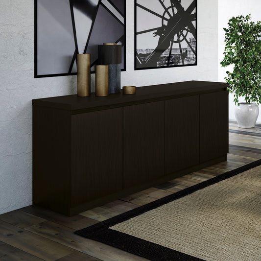 Black 62" sideboard styled in a modern dining room with decor accents. Perfect for dining room or entryway storage and display.