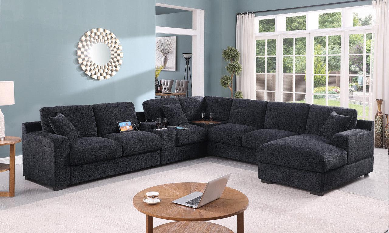 Chiara Dark Gray Sectional Sofa with Charging Ports.