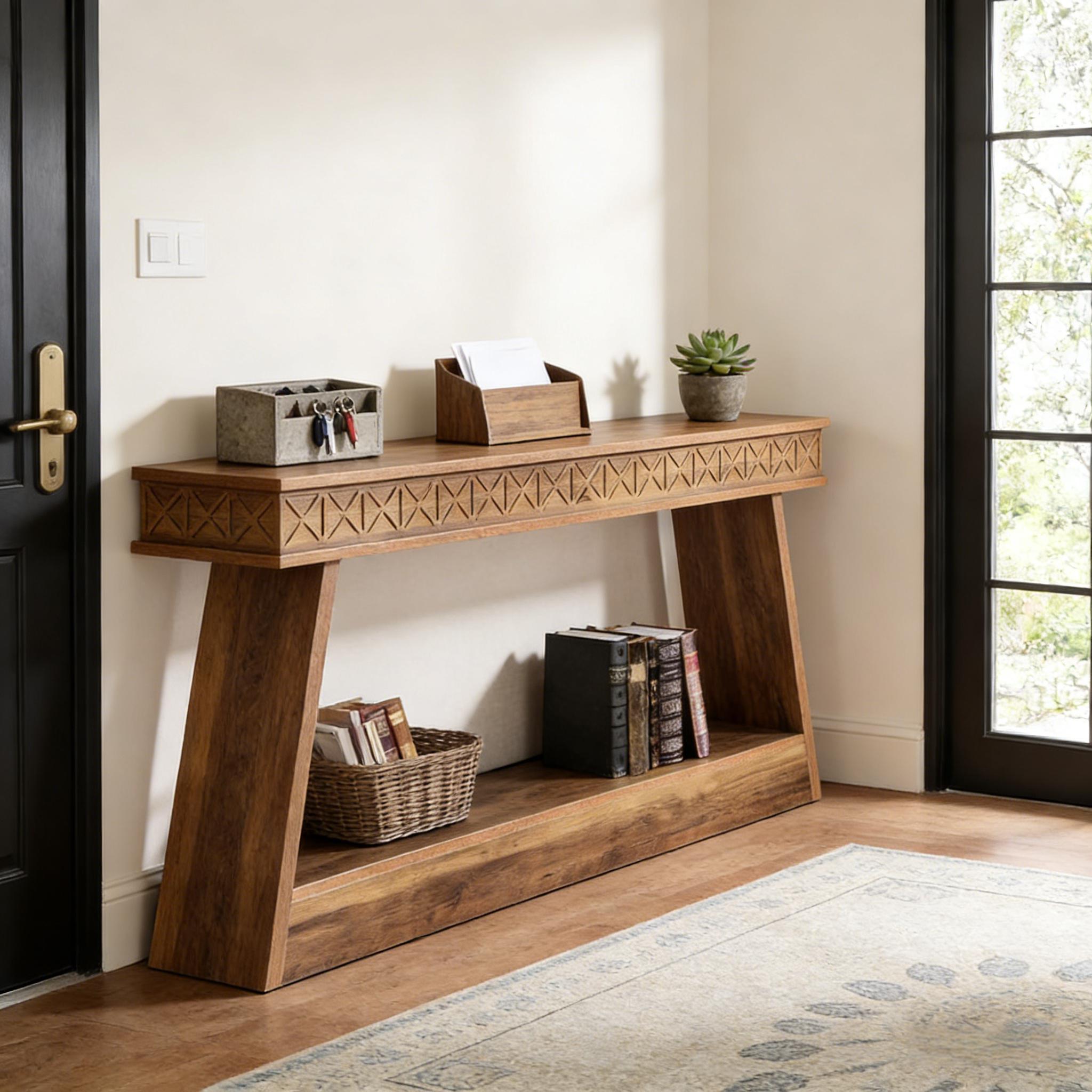 Rustic wood console table with a two-tiered design, X-pattern detailing, and angled legs in an entryway setting.