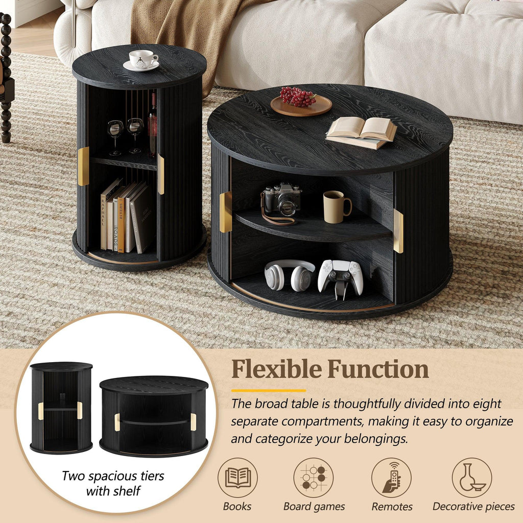 [Assembly Video] Mid-Century Coffee Table Set with Sliding Tambour Door, Round Fluted End Table With Storage, Golden Handle Tall & Low Side Table with Wooden Finish for Living Room, Set of Two, Black.