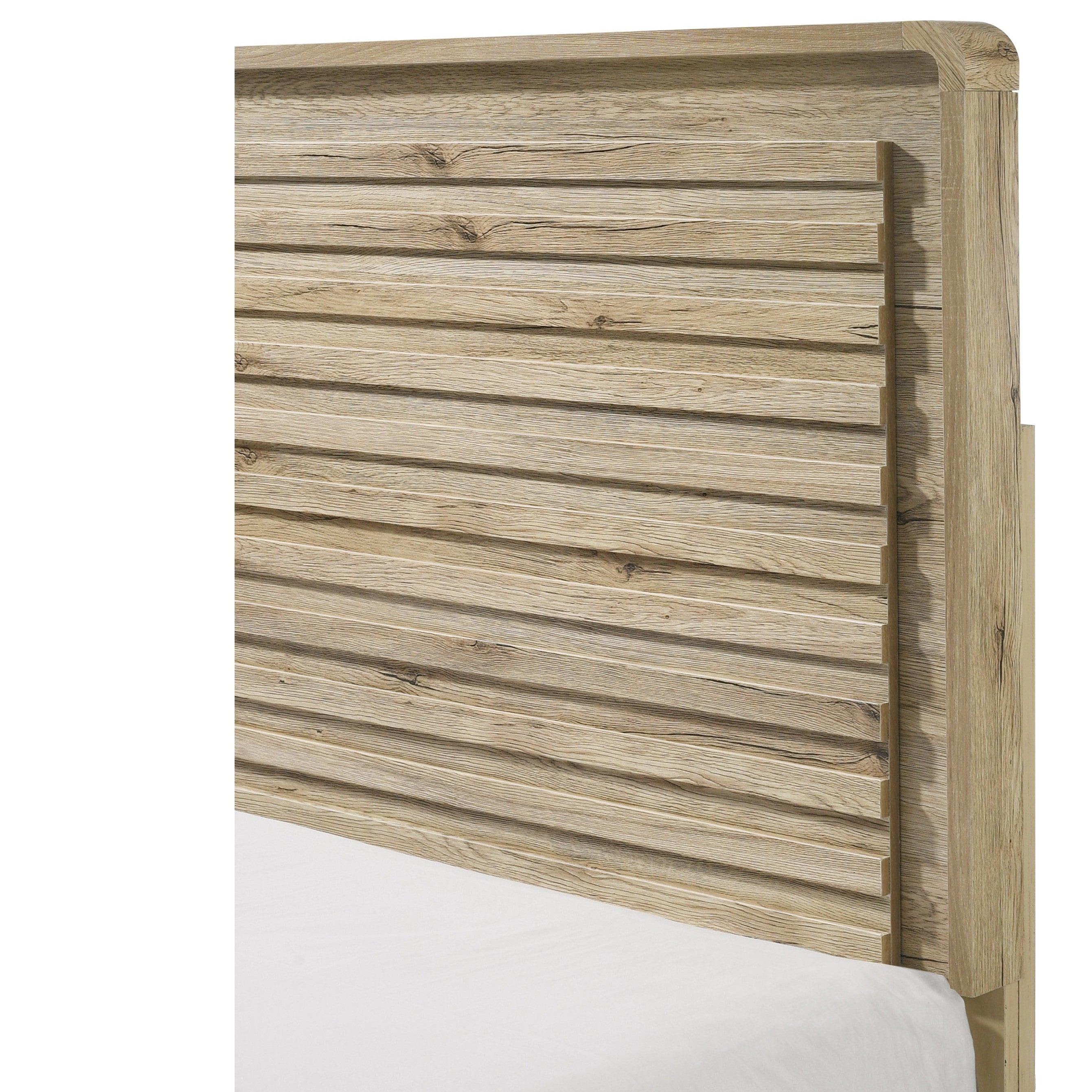 Mid-century King Size Panel Bed with Slatted Design.