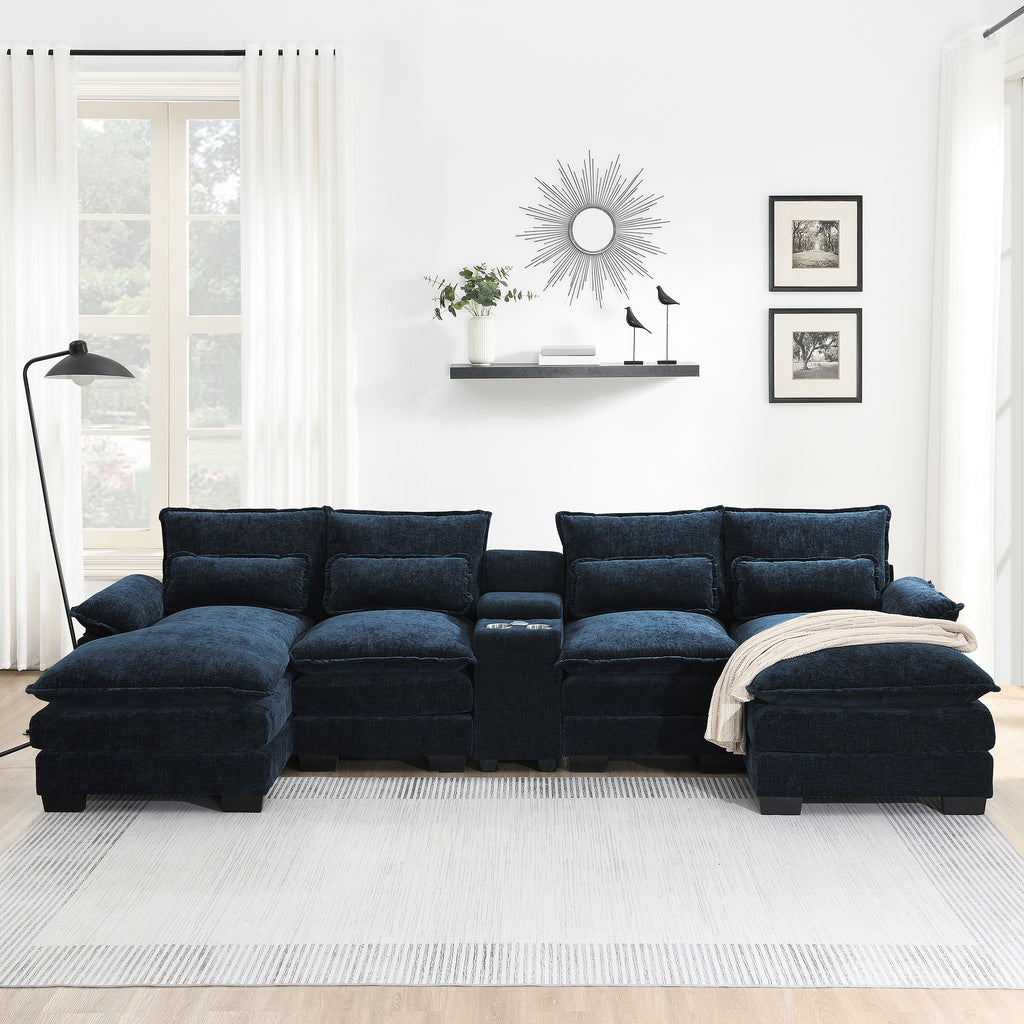 Front view of U-shaped sectional sofa with USB charger and console, upholstered in soft navy chenille with cozy cushions and cup holders.