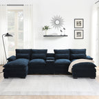 Front view of U-shaped sectional sofa with USB charger and console, upholstered in soft navy chenille with cozy cushions and cup holders.