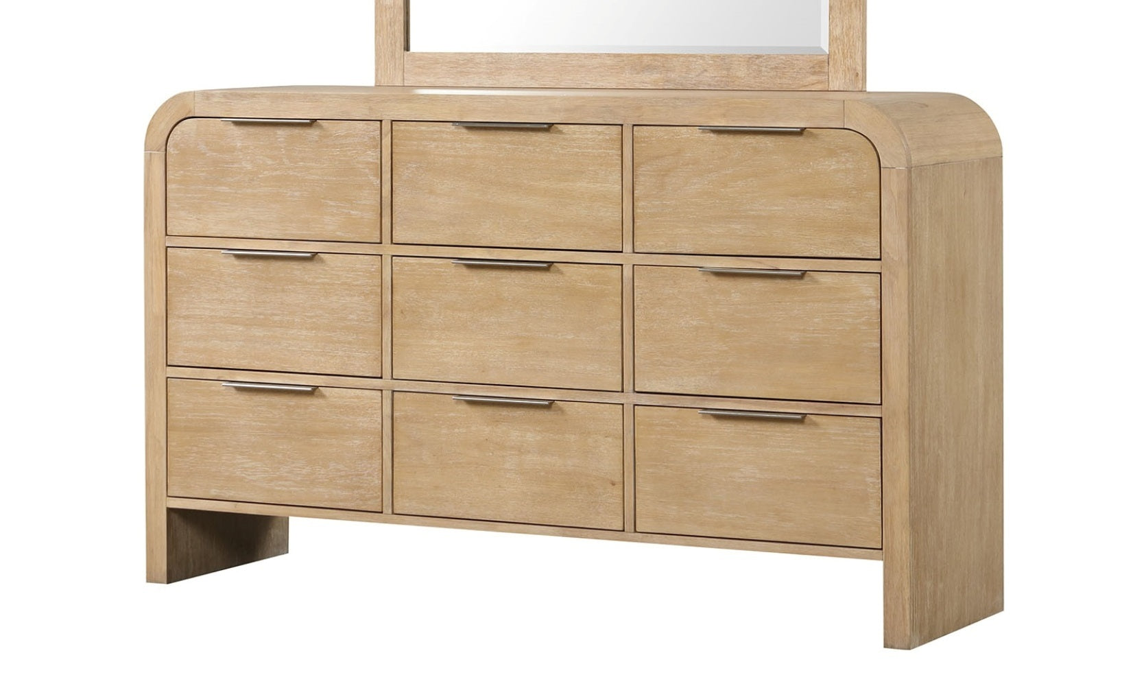 Natural finish dresser made of solid rubber wood with 9 drawers and sleek metal pulls, ideal for modern bedroom storage solutions.