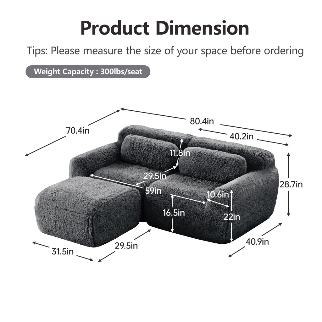 L-Shaped Sectional Sofa - Modular Plush in dark grey with detailed dimensions and ergonomic design, ideal for spacious living rooms.