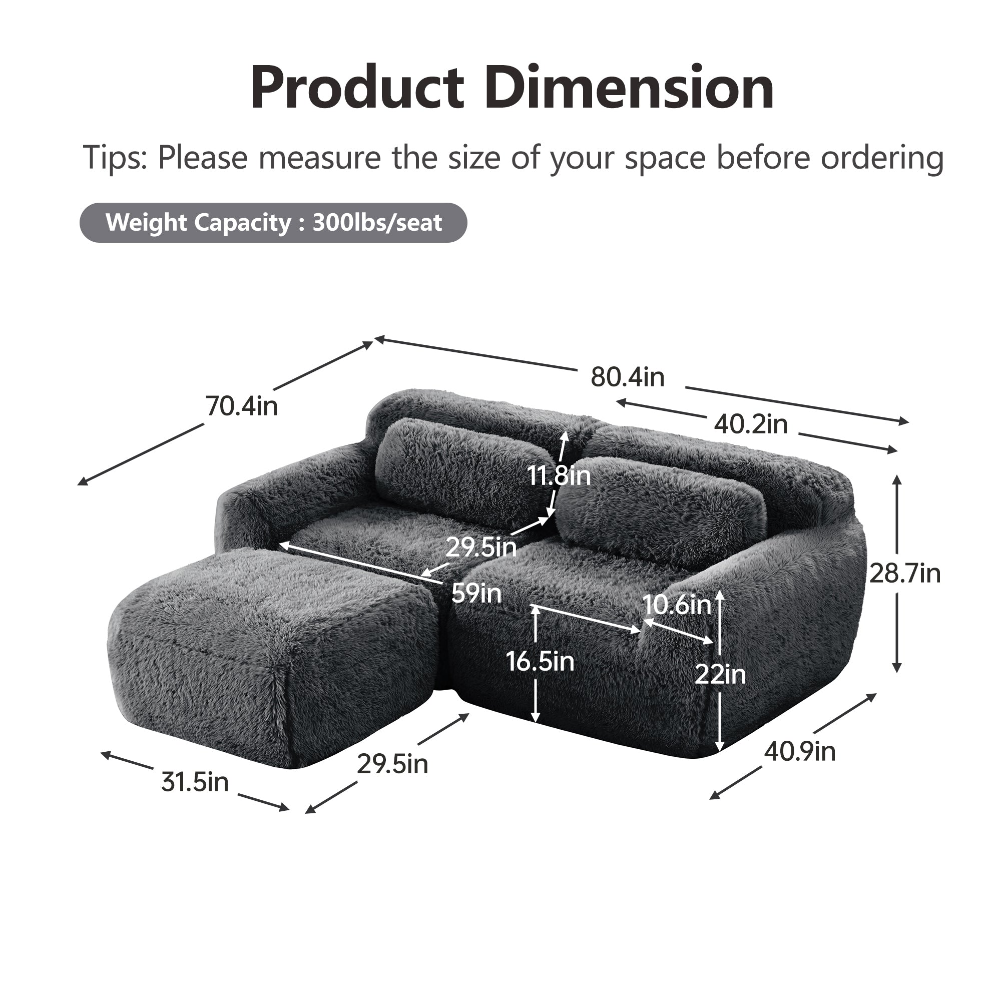 L-Shaped Sectional Sofa - Modular Plush in dark grey with detailed dimensions and ergonomic design, ideal for spacious living rooms.