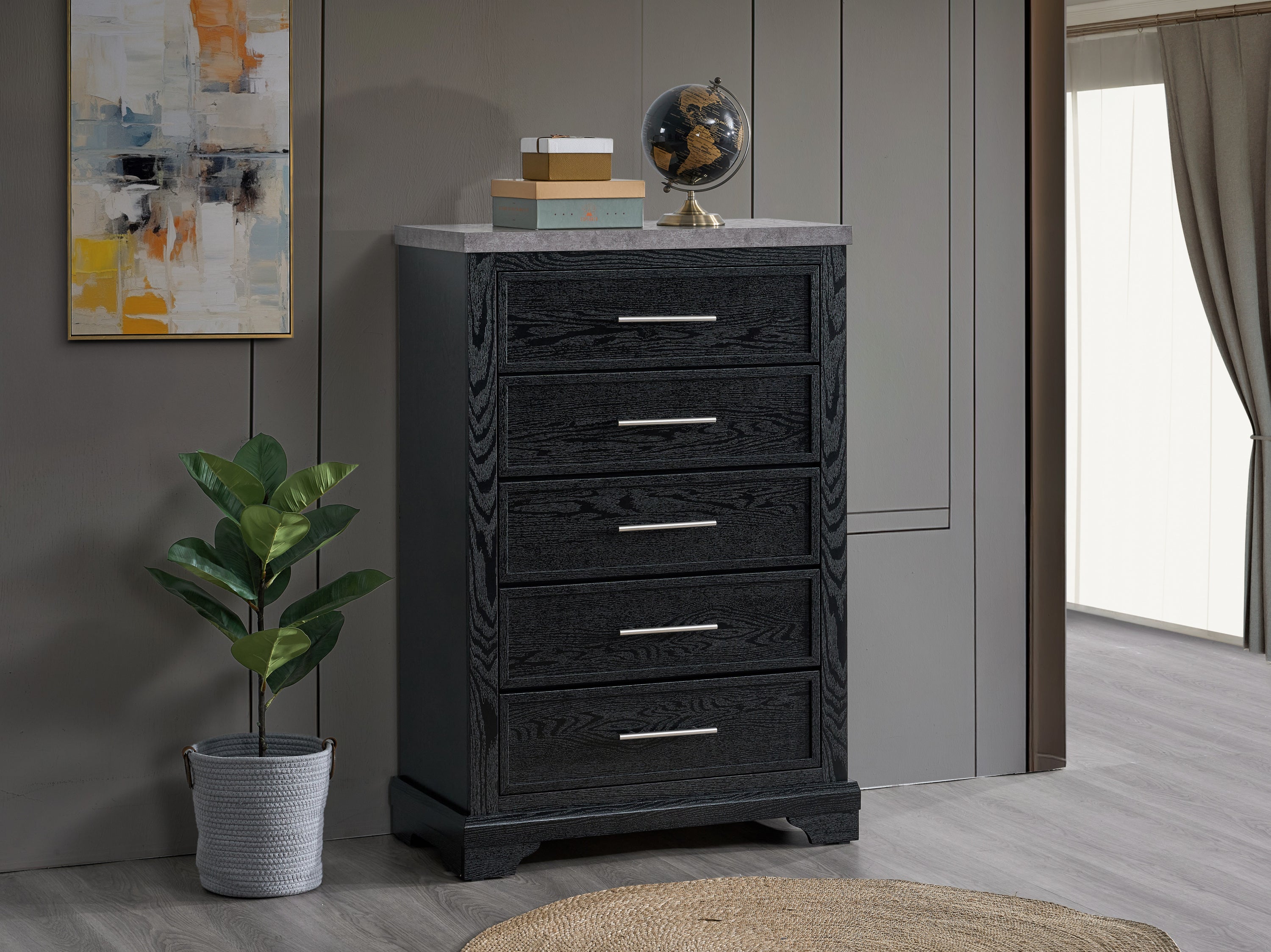 Black 5-Drawer Wood Chest with Faux Granite Top and Chrome Handles