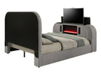Rear view of Gray Sherpa Bed showcasing TV lift mechanism, Bluetooth speakers, and LED lighting in a cozy upholstered frame.