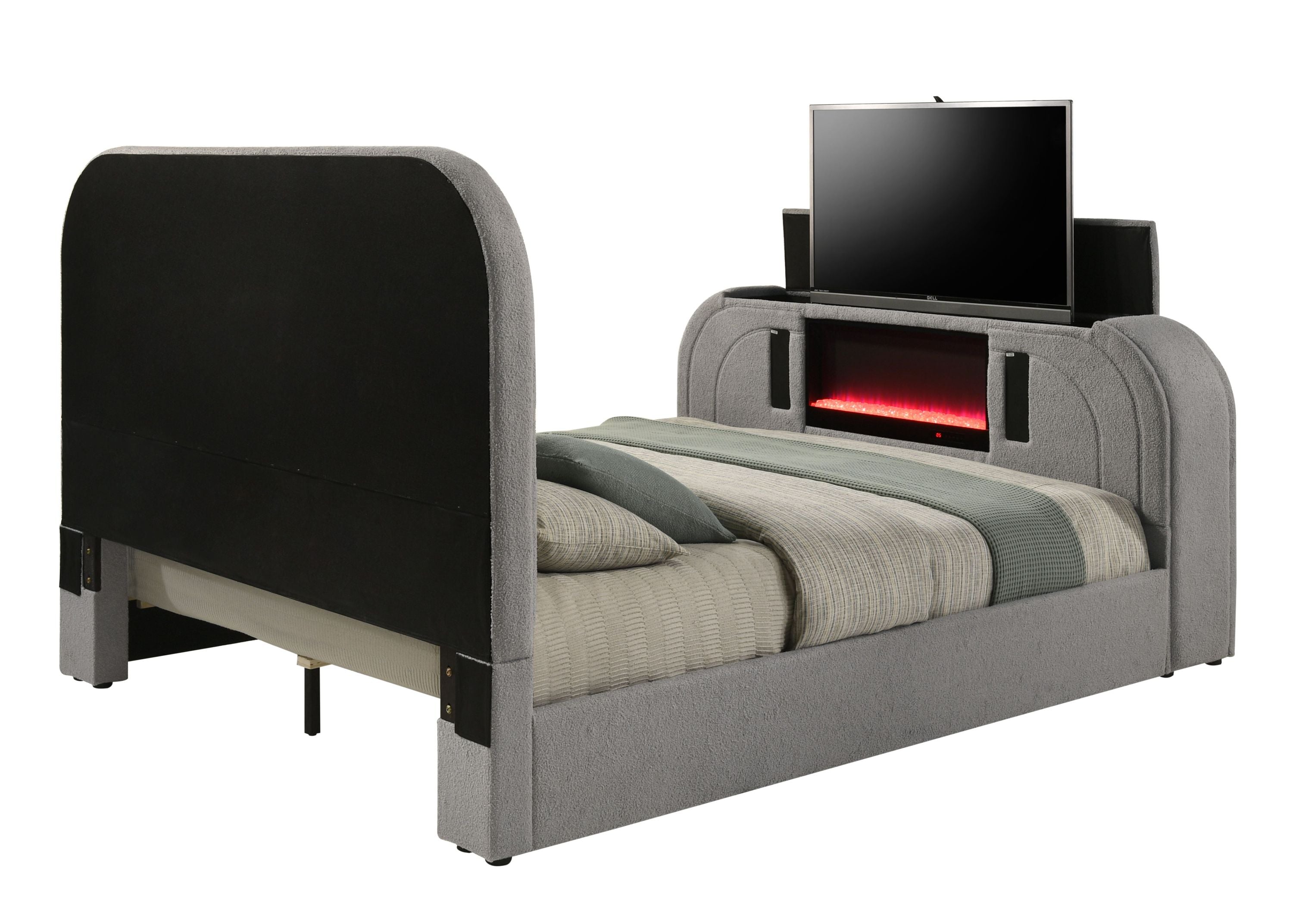 Rear view of Gray Sherpa Bed showcasing TV lift mechanism, Bluetooth speakers, and LED lighting in a cozy upholstered frame.