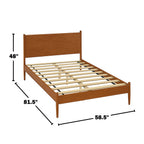 Mid-Century Modern platform bed in oak finish with full size dimensions labeled: 48" height, 81.5" length, and 58.5" width, featuring slatted support base.