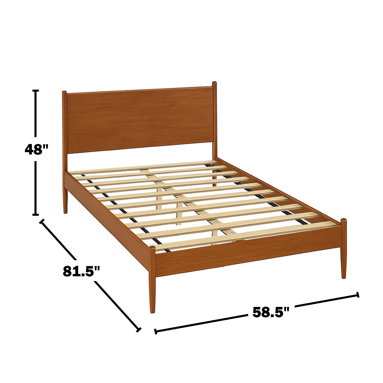 Mid-Century Modern platform bed in oak finish with full size dimensions labeled: 48" height, 81.5" length, and 58.5" width, featuring slatted support base.