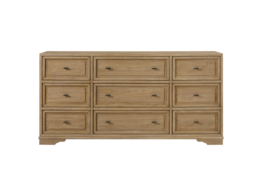 Cashew-colored hickory dresser with nine drawers, framed panels, and small dark hardware in a clean, modern style.