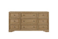 Cashew-colored hickory dresser with nine drawers, framed panels, and small dark hardware in a clean, modern style.