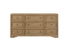 Cashew-colored hickory dresser with nine drawers, framed panels, and small dark hardware in a clean, modern style.