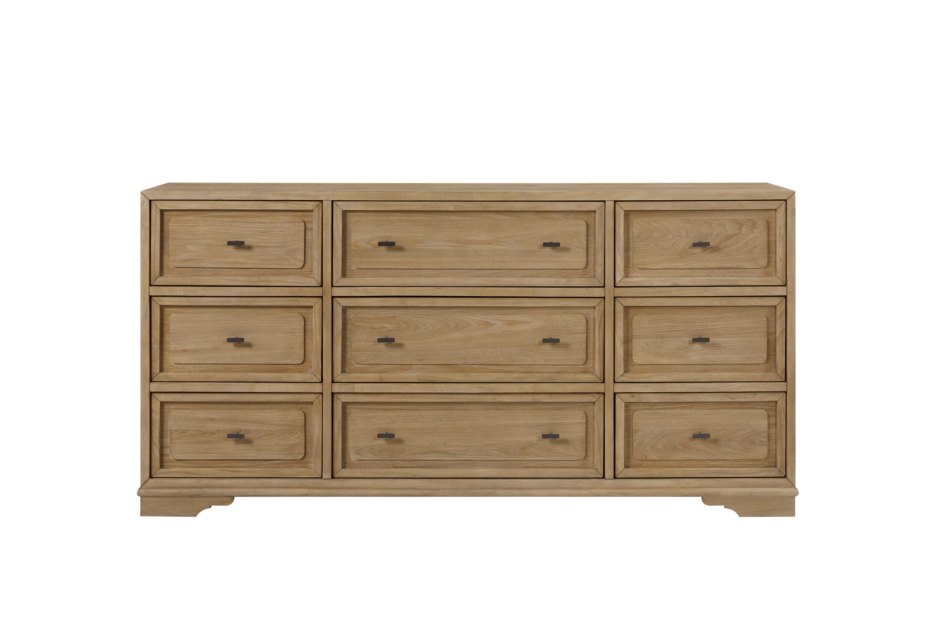 Cashew-colored hickory dresser with nine drawers, framed panels, and small dark hardware in a clean, modern style.