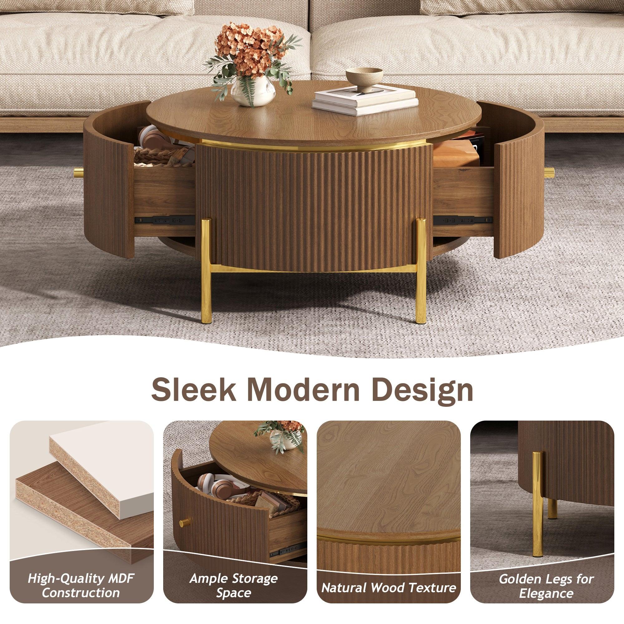 Modern Round Coffee Table with Storage Drawers.