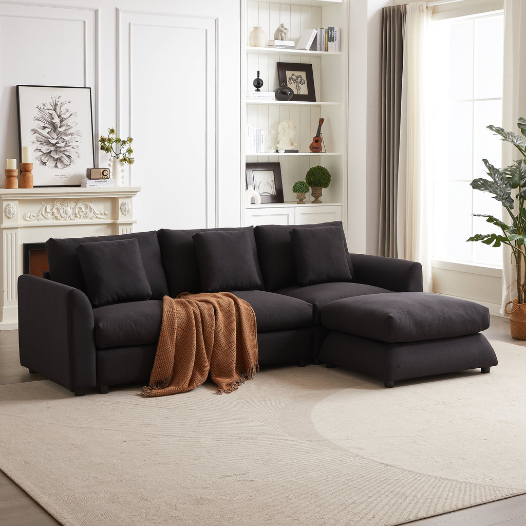 Modular L-shaped sofa with ottoman and throw blanket, offering a cozy and stylish seating solution for contemporary interiors.