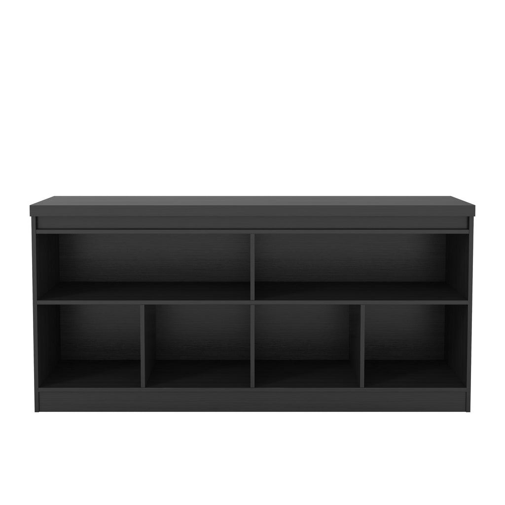 Interior view of the black 62" sideboard showing six open storage compartments. Great for organizing dining essentials or media items.