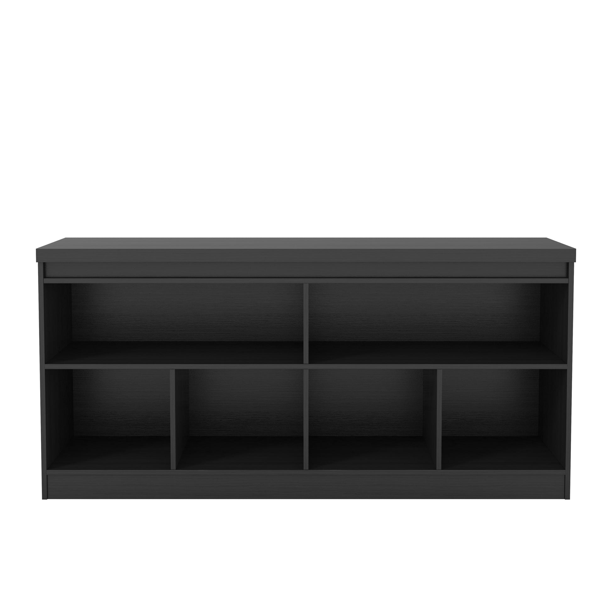 Interior view of the black 62" sideboard showing six open storage compartments. Great for organizing dining essentials or media items.