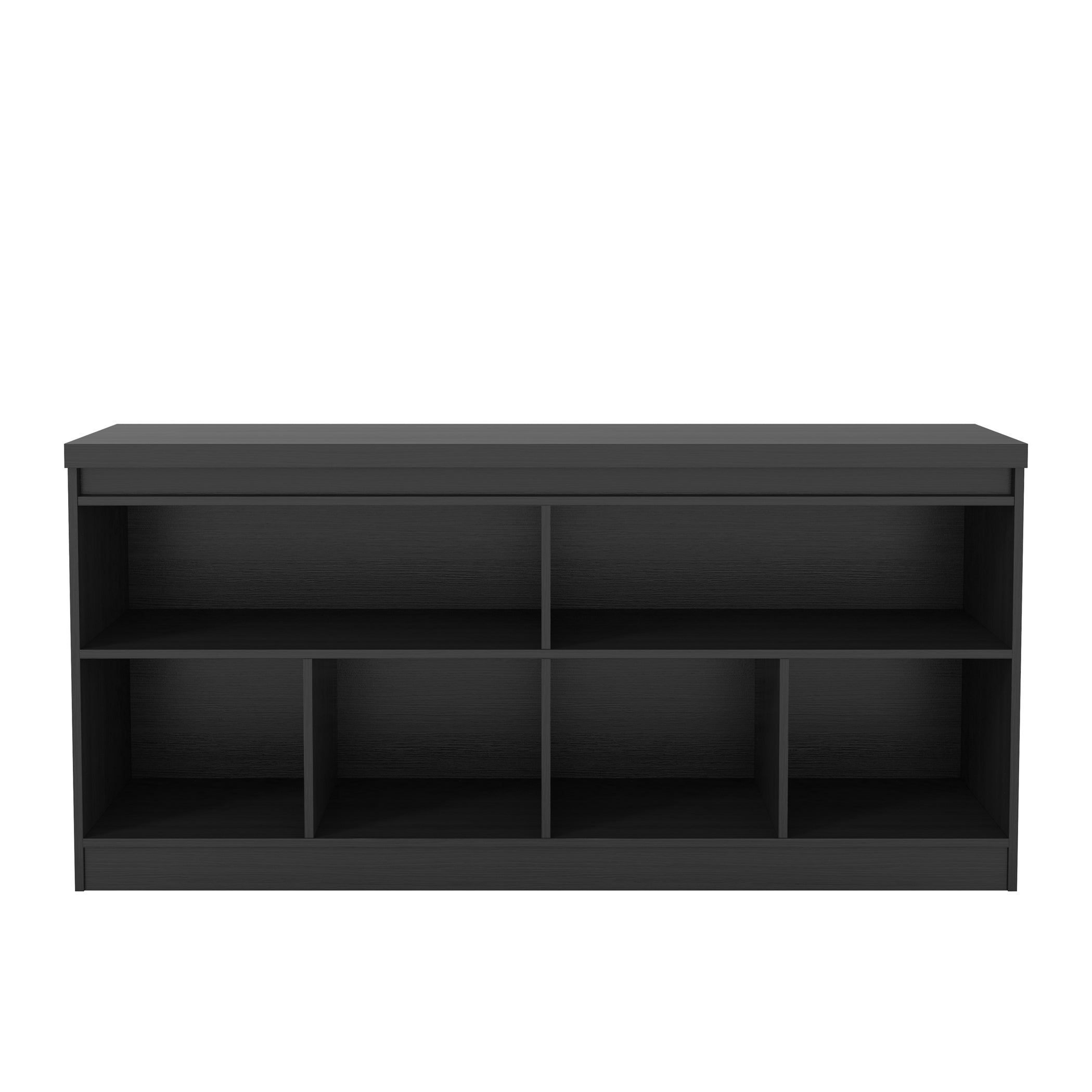 Interior view of the black 62" sideboard showing six open storage compartments. Great for organizing dining essentials or media items.