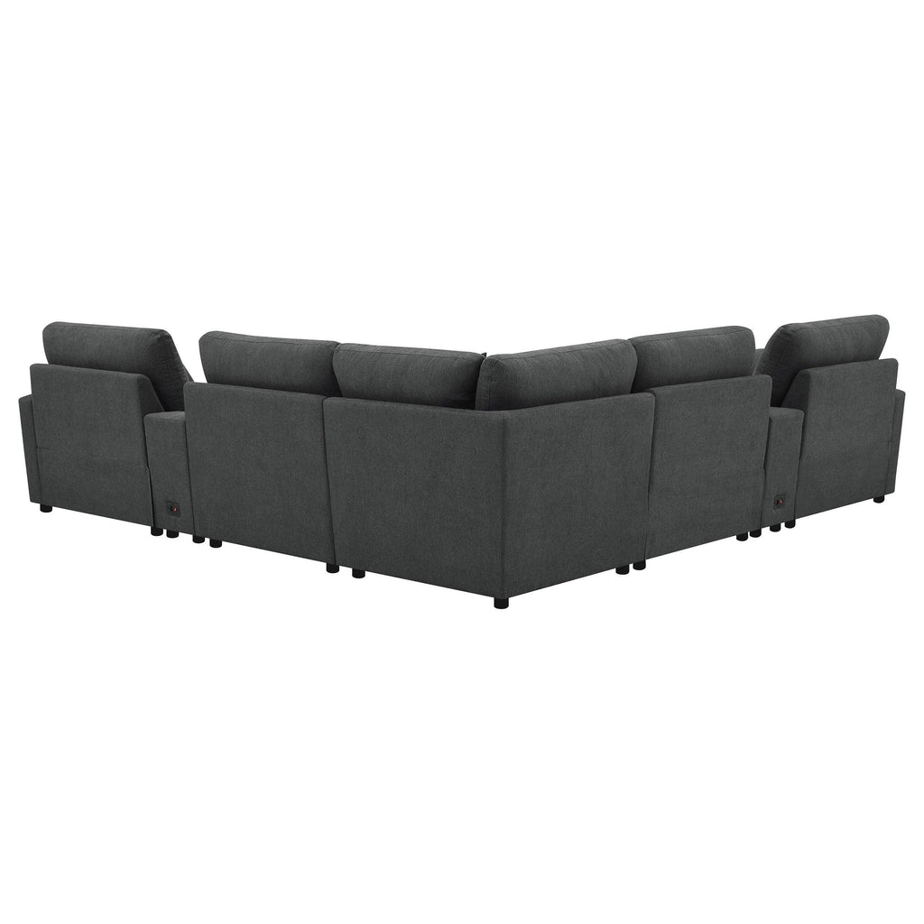 Modular Power Reclining Sectional in Dark Grey Fabric.