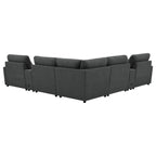 Modular Power Reclining Sectional in Dark Grey Fabric.