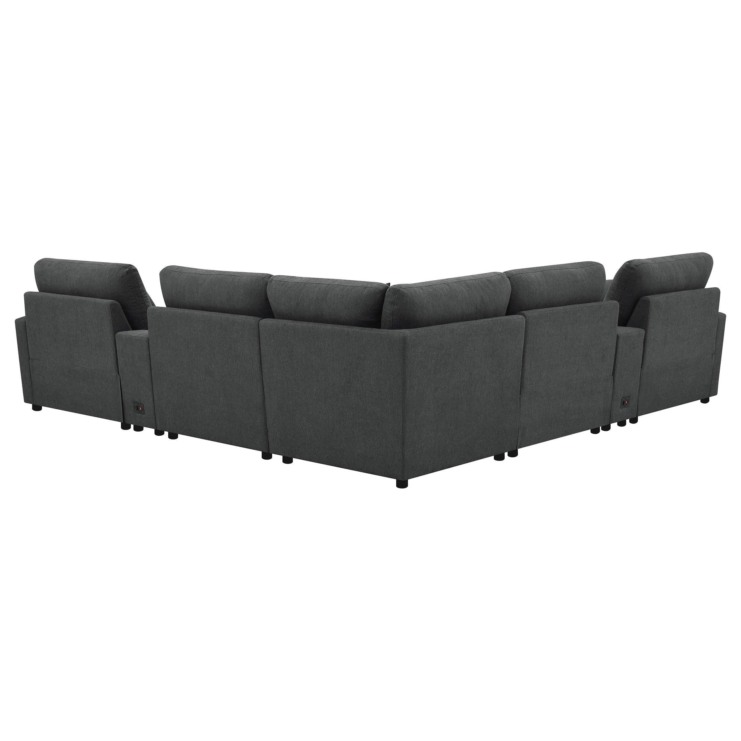 Modular Power Reclining Sectional in Dark Grey Fabric.