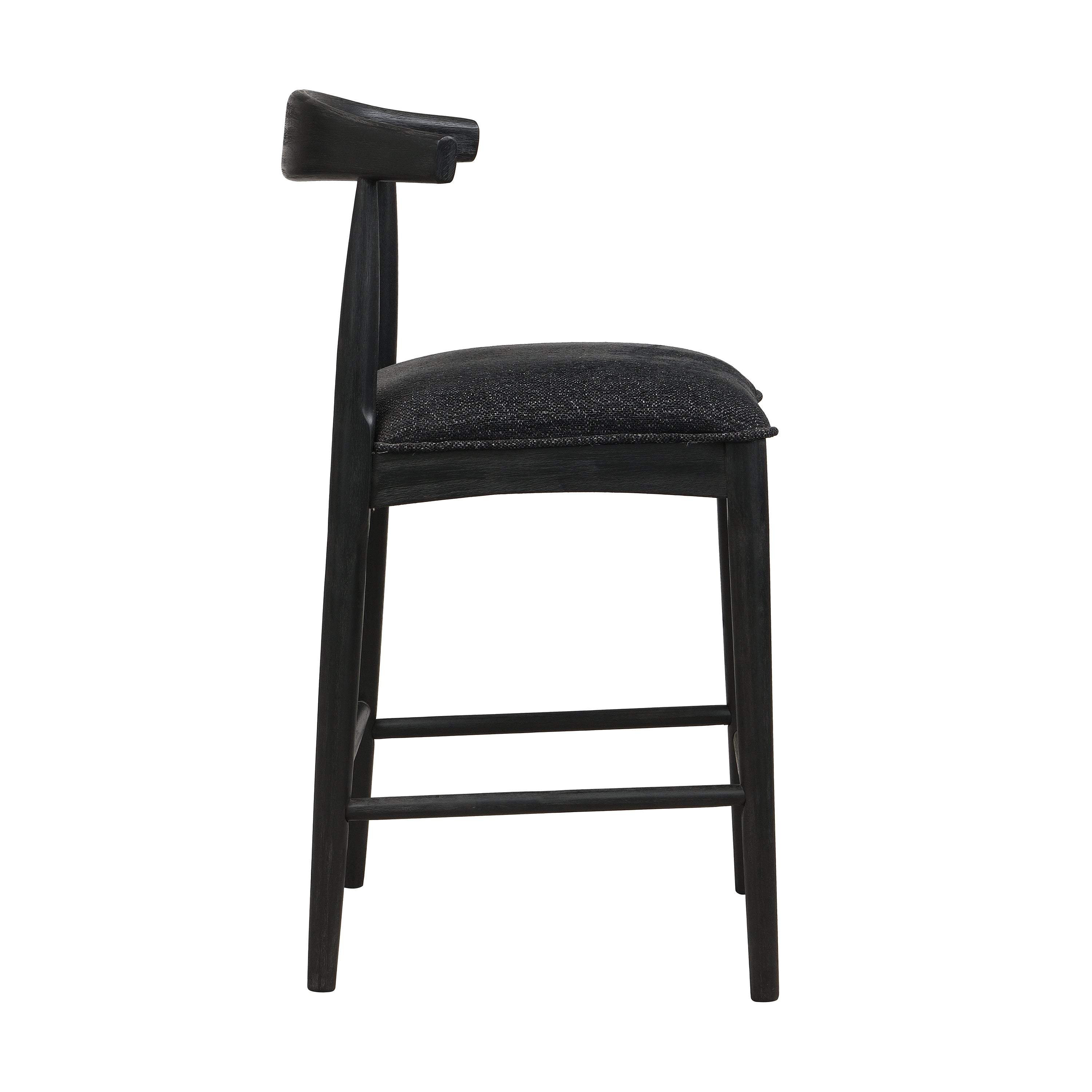 Side profile of Black Fabric Counter Stool highlighting ergonomic backrest and thick padded seat for all-day comfort.