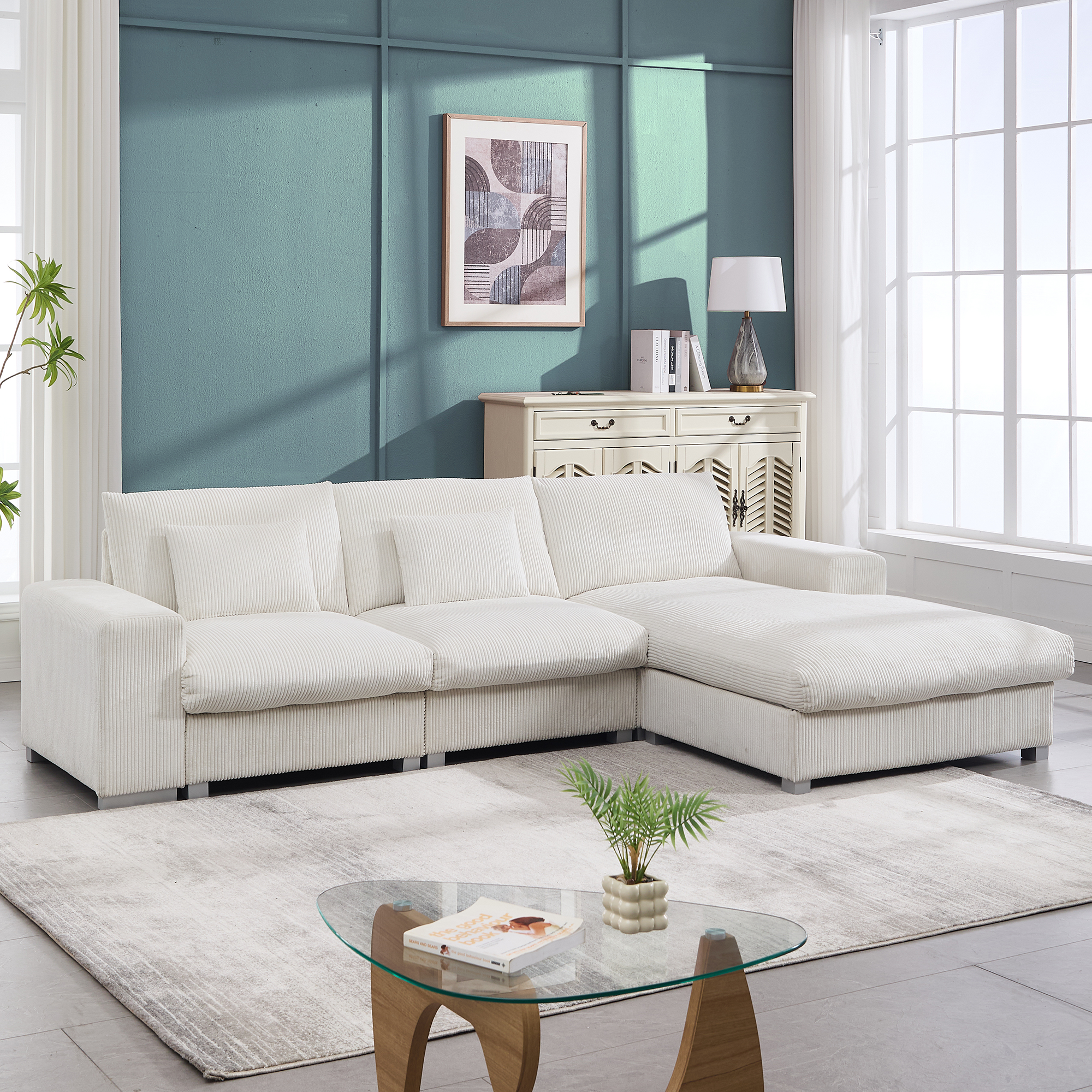 Nordic L-shaped Sofa with Flannel Fabric & Wooden Frame