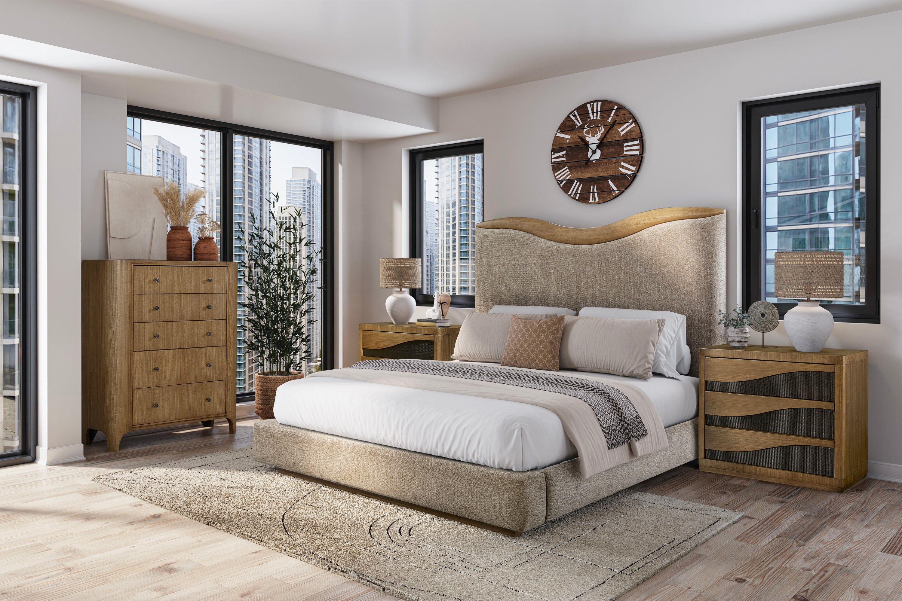 Modern bedroom with upholstered queen bed with curved headboard, surrounded by wood furniture and city view windows for a cozy urban look.