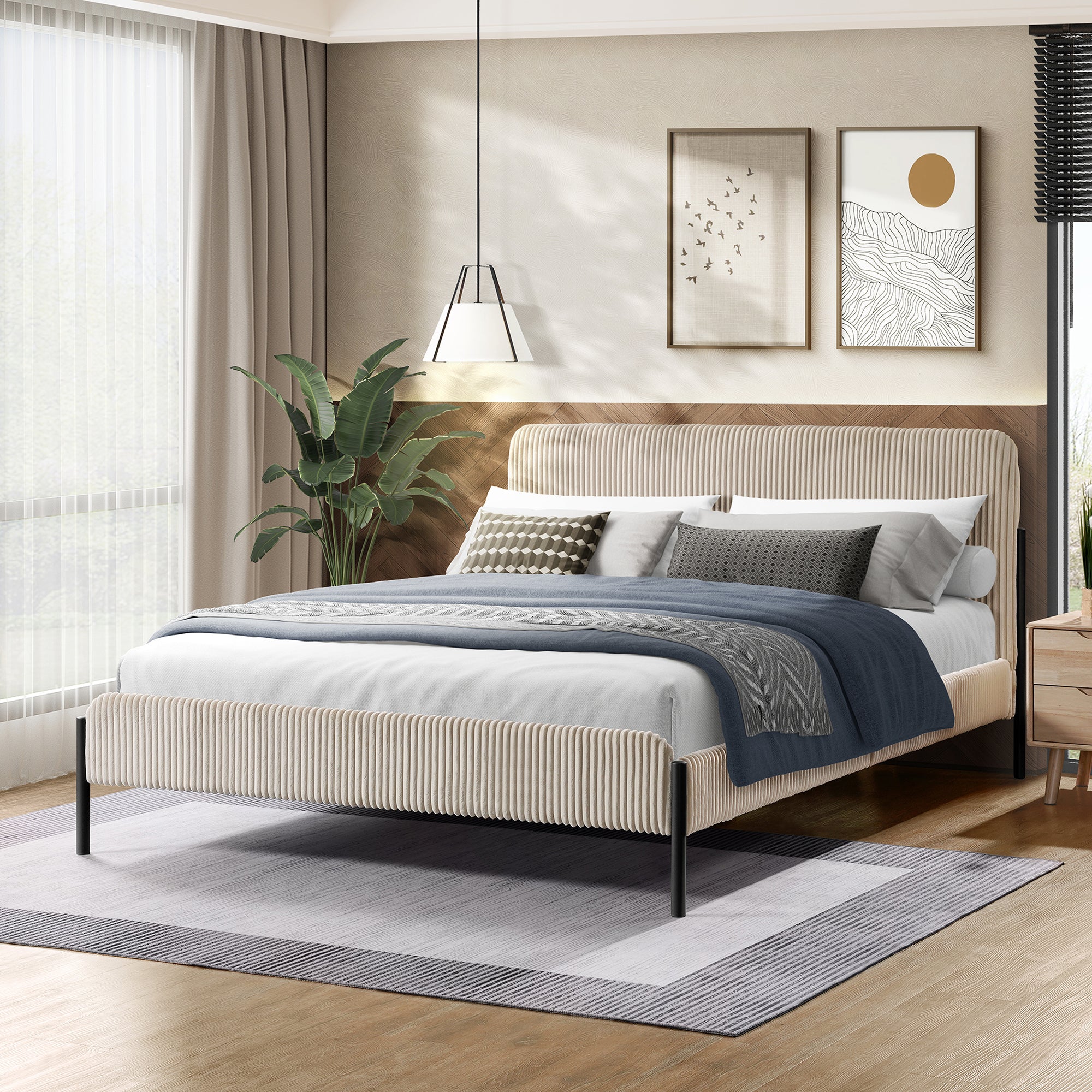 Cream Corduroy Queen Upholstered Bed With Metal Leg
