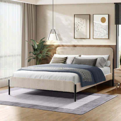 Cream Corduroy Queen Upholstered Bed With Metal Leg
