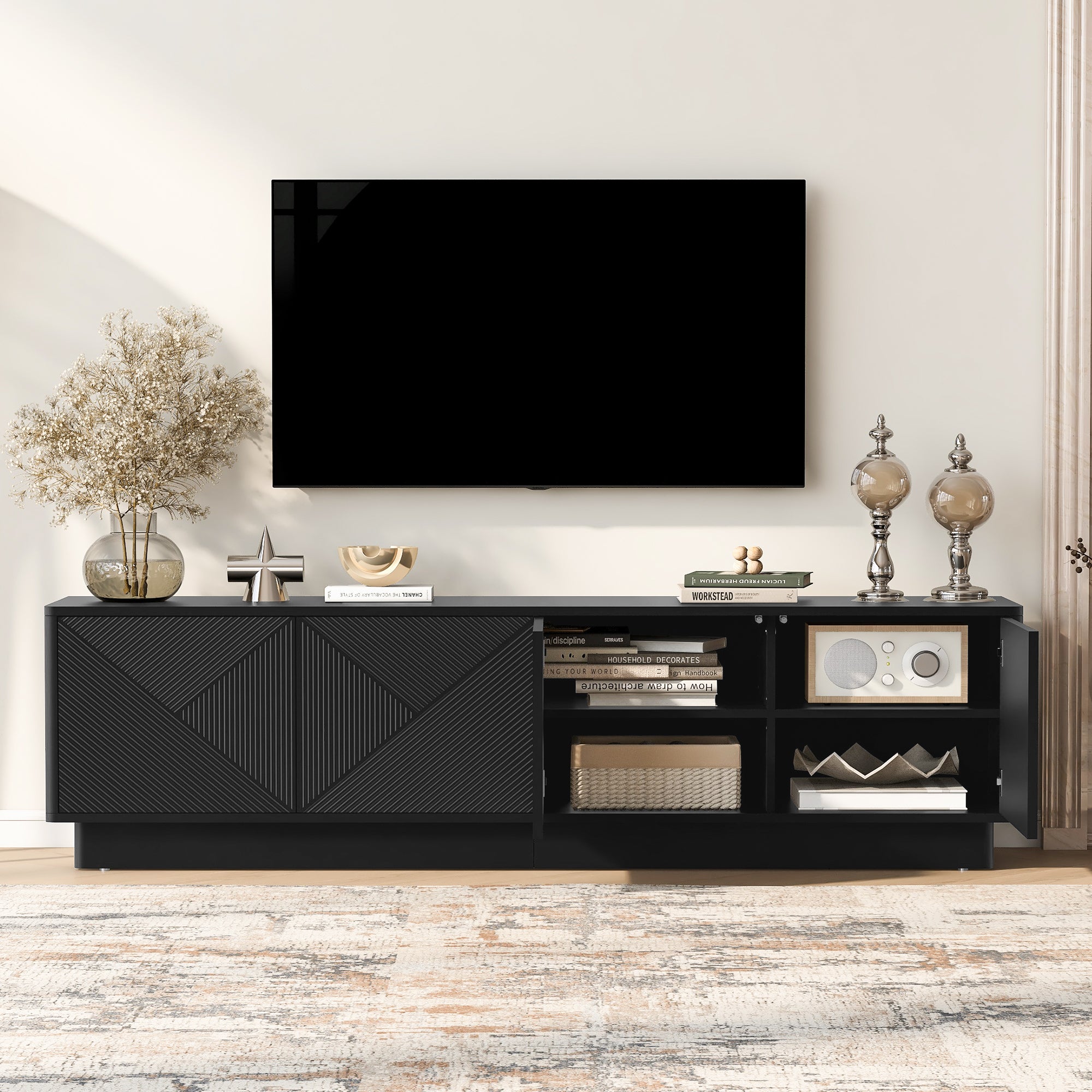 Black 4-Door Wave Design Media Console with Adjustable Shelves