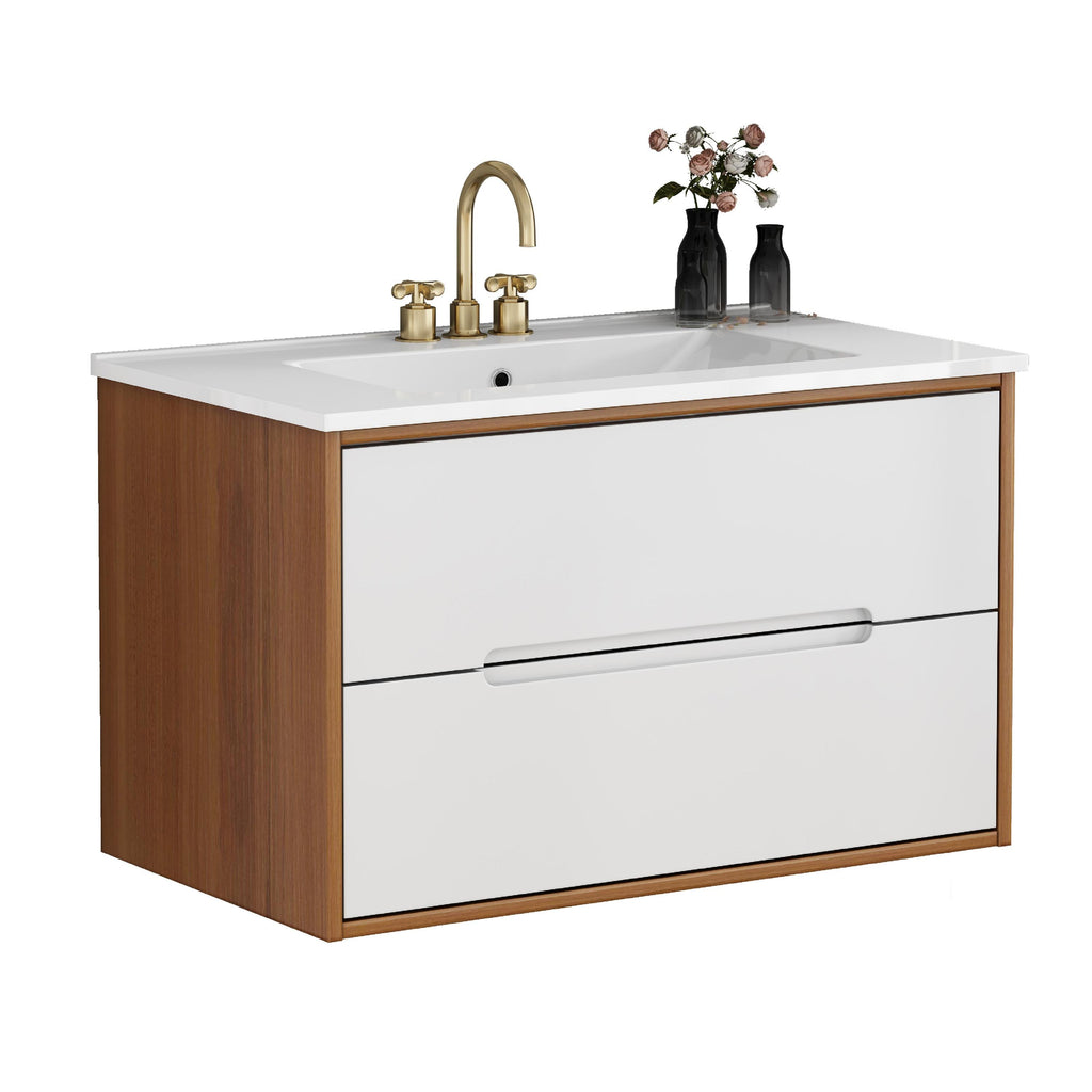 Side angle of 32-inch wall-mounted vanity with ceramic sink and soft-close drawers in walnut and white modern design.