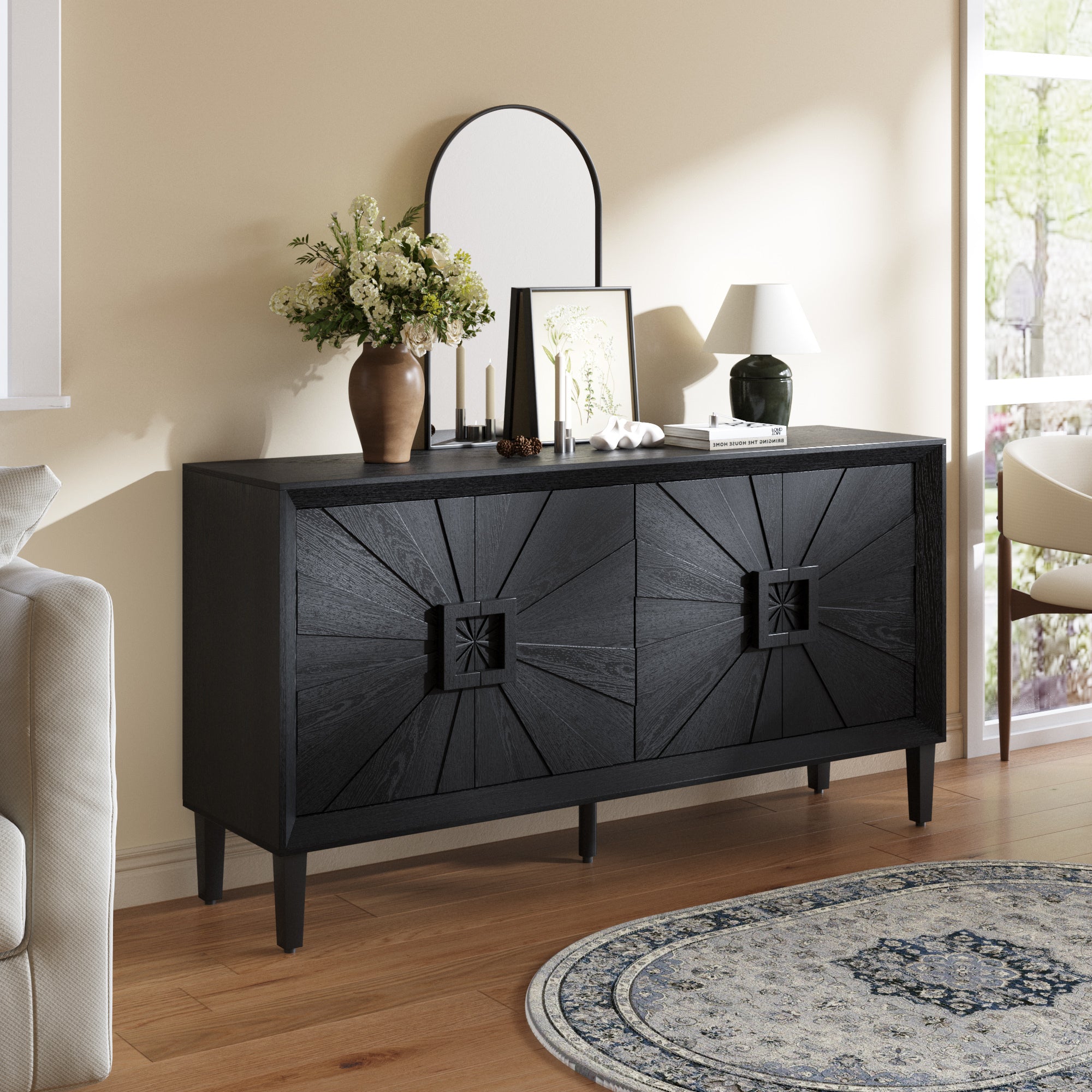Black Farmhouse Credenza with Sunburst Door Design in living room, styled with decor and flowers, ideal for modern farmhouse interiors.