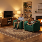 Retro Green Armchair with Gold Trim for Stylish Living Room.
