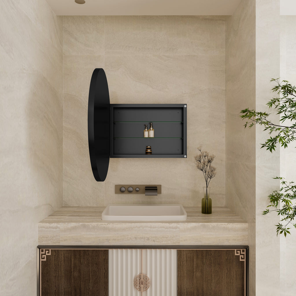 Wall-mounted Round Black Metal Medicine Cabinet with Mirror above a modern sink, revealing interior storage space.