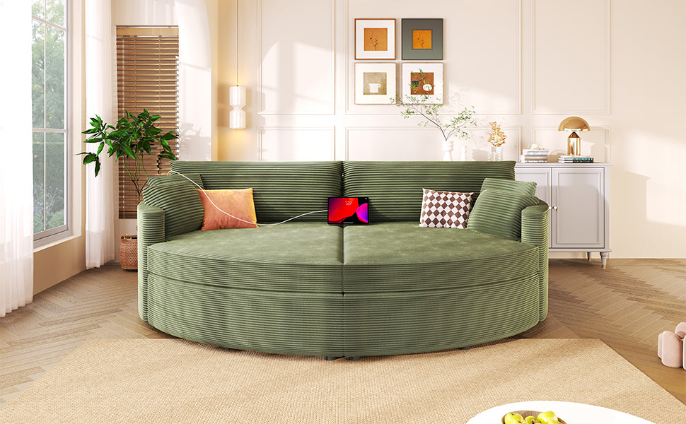 Green Oversized Double Chaise Lounge Sofa with Upholstered Corduroy Fabric, Deep Seat, USB Ports, and Removable Pillows – 102.3'
