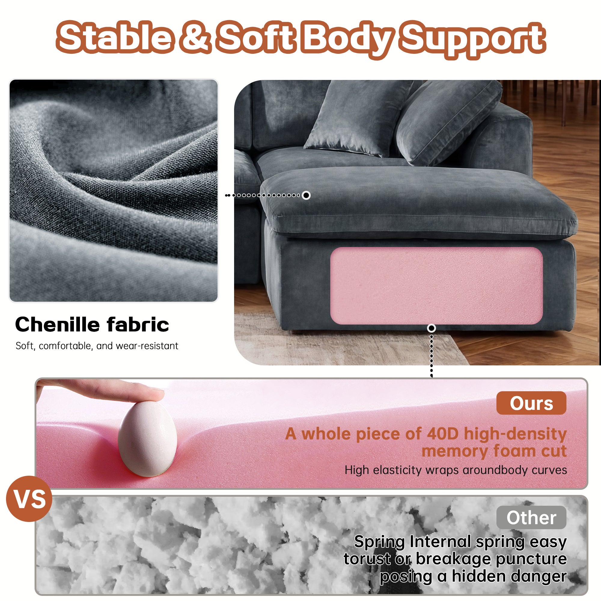 Modern Sectional Couch - Minimalist Sofa with high-density memory foam core and chenille fabric, compared to traditional spring-filled alternatives.
